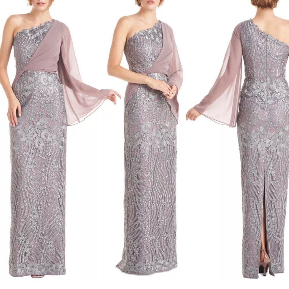 JS Collections One Shoulder Embroidered Overlay Gown Dress Sz 4 $348